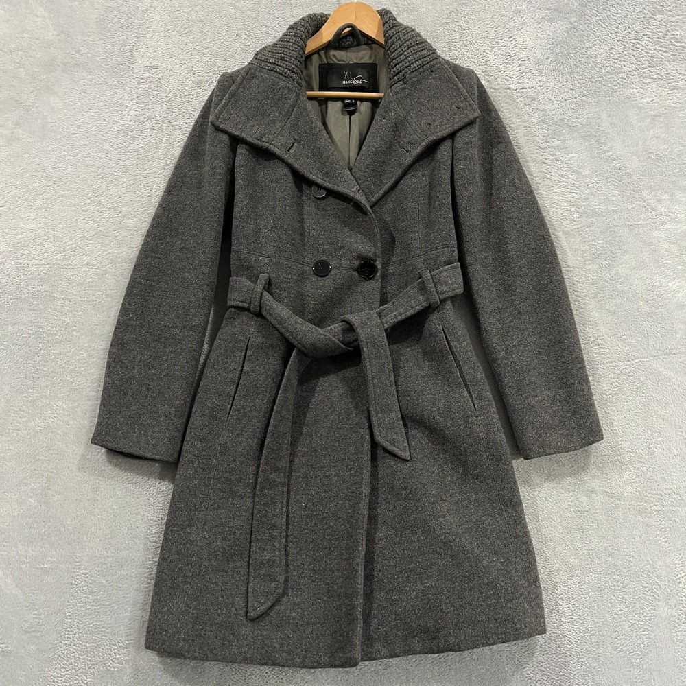MANGO Jacket Women's Small Belted Double Breasted Grey Coat Wool Quiet Luxury